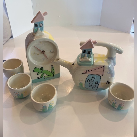 Handmade Pottery - “Time” For Tea. Clock, Teapot and 4 Cups - Picture 2 of 16
